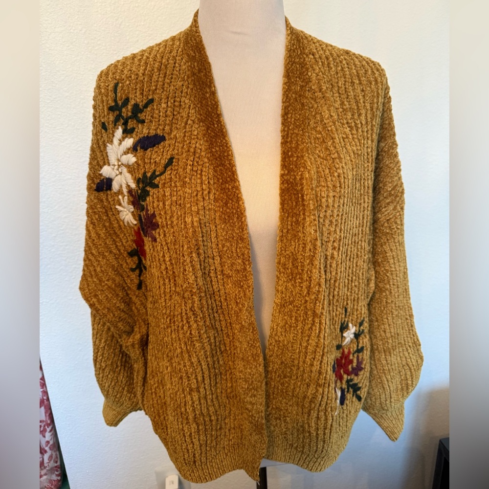 Cozy Mustard Cardigan with Floral Embroidery